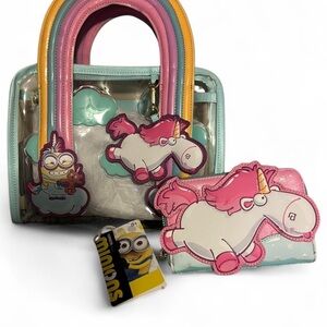 Loungefly Fluffly Minion Rainbow Unicorn Clear handbag and matching wallet NWT